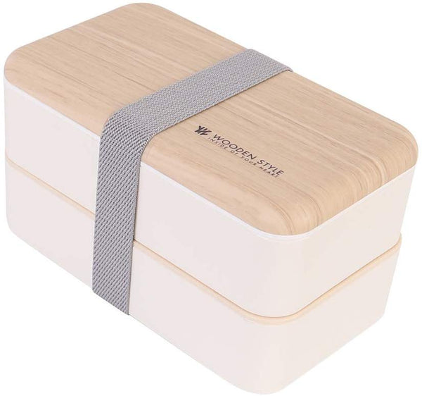 2 Layered Stacked Bento Box with wood style lid